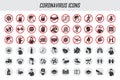 Big set of coronavirus icons. Preventive virus protection measures, quarantine icons, prohibition symbols, virus prevention