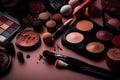 Big set of cosmetic makeup products, many different cosmetics, powder, lipstick, mascara, makeup brush, eyeshadow, concealer, Royalty Free Stock Photo