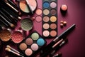 Big set of cosmetic makeup products, many different cosmetics, powder, lipstick, mascara, makeup brush, eyeshadow, concealer, Royalty Free Stock Photo