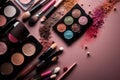 Big set of cosmetic makeup products, many different cosmetics, powder, lipstick, mascara, makeup brush, eyeshadow, concealer, Royalty Free Stock Photo