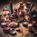 Big set of cosmetic makeup products, many different cosmetics, powder, lipstick, mascara, makeup brush, eyeshadow, concealer, nail Royalty Free Stock Photo