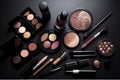 Big set of cosmetic makeup products, many different cosmetics, powder, lipstick, mascara, makeup brush, eyeshadow, concealer, nail Royalty Free Stock Photo