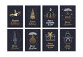 Big set of creative Christmas cards with gold hand drawn elements holiday. Royalty Free Stock Photo