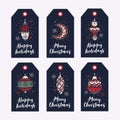 Big set of creative gift tags with hand drawing elements for Happy New Year and Christmas. Royalty Free Stock Photo