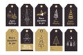 Big set of creative gift tags with hand drawing elements for Happy New Year and Christmas.