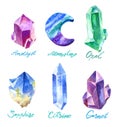 Big set of crystals in watercolor. Stones of amethyst and glass polygons, pebbles and other hand made. Royalty Free Stock Photo