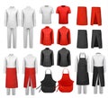 Big set of culinary clothing, white and red suits and aprons. Royalty Free Stock Photo