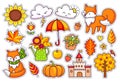 Big set of cute autumn plants, foxes, clouds, trees, castle, umbrella, pumpkin. Royalty Free Stock Photo