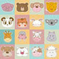 Big set cute cartoon animals faces. Vector illustration. Royalty Free Stock Photo