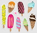 Big set of cute cartoon hand draw ice creams stickers. cute stickers, patches or pins collection. ice cream colored time Royalty Free Stock Photo