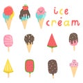 Big set of cute cartoon ice creams stickers