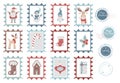 Big set of cute Christmas postmarks and New Years stamps for envelope. Mail Santa Claus. Vector illustration collection Royalty Free Stock Photo