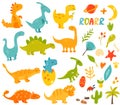 Big set of cute and cool hand drawn dinos, elements