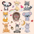 Big set cute funny cartoon animals on a white background. Royalty Free Stock Photo