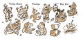 Big set of cute funny vintage teddy bears doll toys. Vector monochrome hand-drawn illustration with highlights and