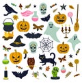 Big set of cute Halloween clip art. Angry pumpkins, bats and other elements and animals. Royalty Free Stock Photo