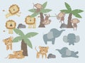 Big set of cute jungle animals with elephants, lions, tigers and monkeys in safari with palms.