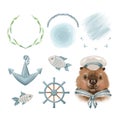 Big set of cute nautical marine elements and beaver sailor. Isolated objects on white background. Hand drawn