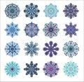 Big set with cute original snowflakes. Collection of vector winter Christmas and New Year decoration elements. Royalty Free Stock Photo