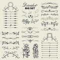 Big set of decorative flourishes hand drawn dividers. Victorian Collection ornate page decor elements banners, frames