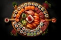 Big set of delicious sushi rolls on black background, AI Generated