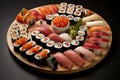 Big set of delicious sushi rolls on black background, AI Generated