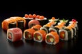 Big set of delicious sushi rolls on black background, AI Generated