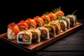 Big set of delicious sushi rolls on black background, AI Generated