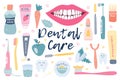 Big set of dental care, oral hygiene. Dental floss, chewing gum, paste, snow-white smile, apple. Hand drawn Vector isolated icons Royalty Free Stock Photo