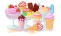 Big set with desserts: stick ice-cream bar, wafer cones, gelato cornet, parfait, frozen yogurt. Royalty Free Stock Photo