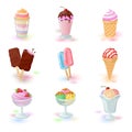 Big set with desserts: stick ice-cream bar, wafer cones, gelato cornet, parfait, frozen yogurt. Royalty Free Stock Photo