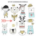 Big set of diferent cartoon animals. Cute handdrawn kids clip art collection. Vector illustration