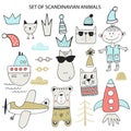 Big set of diferent cartoon animals. Cute handdrawn kids clip art collection. Vector illustration