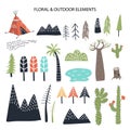 Big set of diferent floral and outdoor elements. Cute handdrawn kids clip art collection.