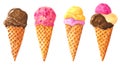 Big set of different chocolate ice cream cones in waffle, watercolor clip art