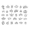 Big set of different crown icons drawn in doodle style. Royalty Free Stock Photo