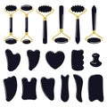 Big set of different gua sha stones and rollers are made of black obsidian. Facial gua sha scraping massage tools. Home beauty