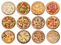 Big set of different pizzas: Ham with mushrooms, Barbecue, Peperoni`s, Mexican, Chicken Royalty Free Stock Photo