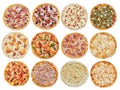 Big set of different pizzas: Ham with mushrooms, Barbecue, Peperoni`s, Mexican, Chicken Royalty Free Stock Photo