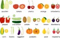 Big set of different ripe fruits and vegetables . Whole and cut in half