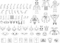 Big set of different robot parts in black and white