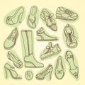 Big set of different shoes. Vector illustration. Hand drawing.