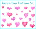 A big set of different watercolor hand drawn cute hearts for congratulations on Valentine`s Day, wedding, honeymoon