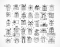 Big set of doodle christmas gift boxes on white background. Royalty Free Stock Photo