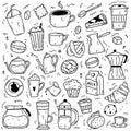 Big set of doodle coffee items as coffee makers, cups, bakery, milk. Hand drawn icons