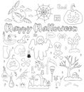 Big set of doodles Happy Halloween. Jack pumpkin, ghost, bat and skull and crossbones, graveyard, grave, fly agaric and Royalty Free Stock Photo