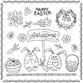 Big set of Easter vector elements: bunny,wreath with eggs,snack. Outline drawings in Doodle style
