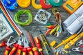 Big set of electric tools on vintage wooden background Royalty Free Stock Photo