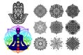 Big set with elements of Indian culture. Hanuman in Lotus yoga posses, chakras, hamsa, mandala