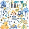 Big set elements in yellow and blue colors leaves, flowers, girl, funny dog, cute chick, frog on the pond, lamb, cat and
